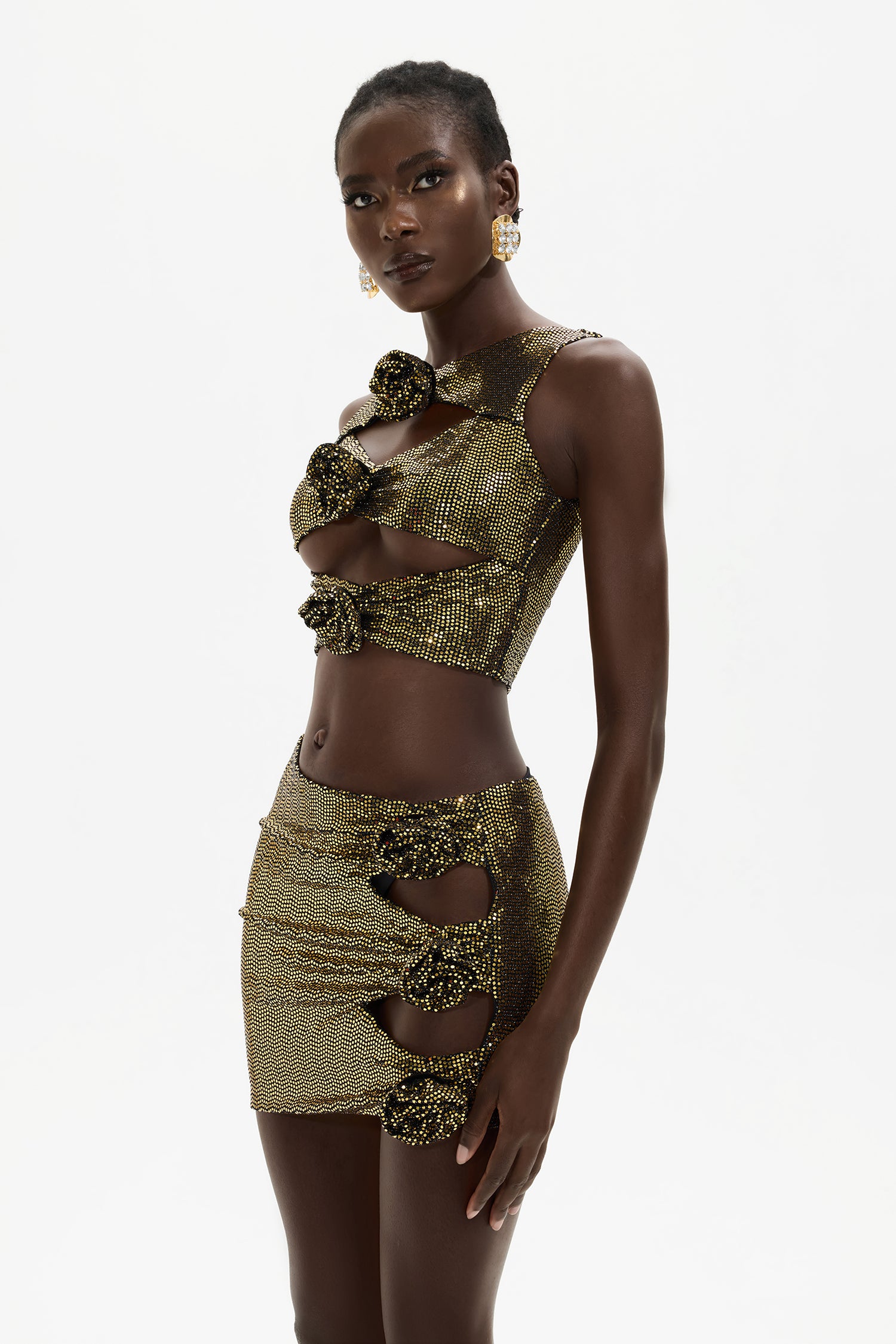 Valentina™| Set top e minigonna con paillettes e fiori 3D