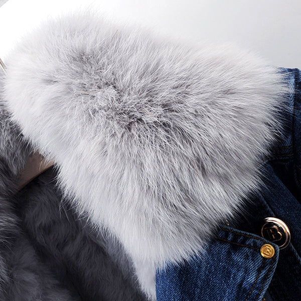 Valentina™| Giacca in denim con colletto in pelliccia di volpe