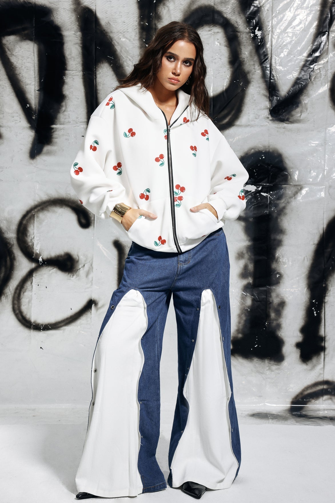 Valentina™| Cherry felpa con cappuccio stampata a maniche lunghe