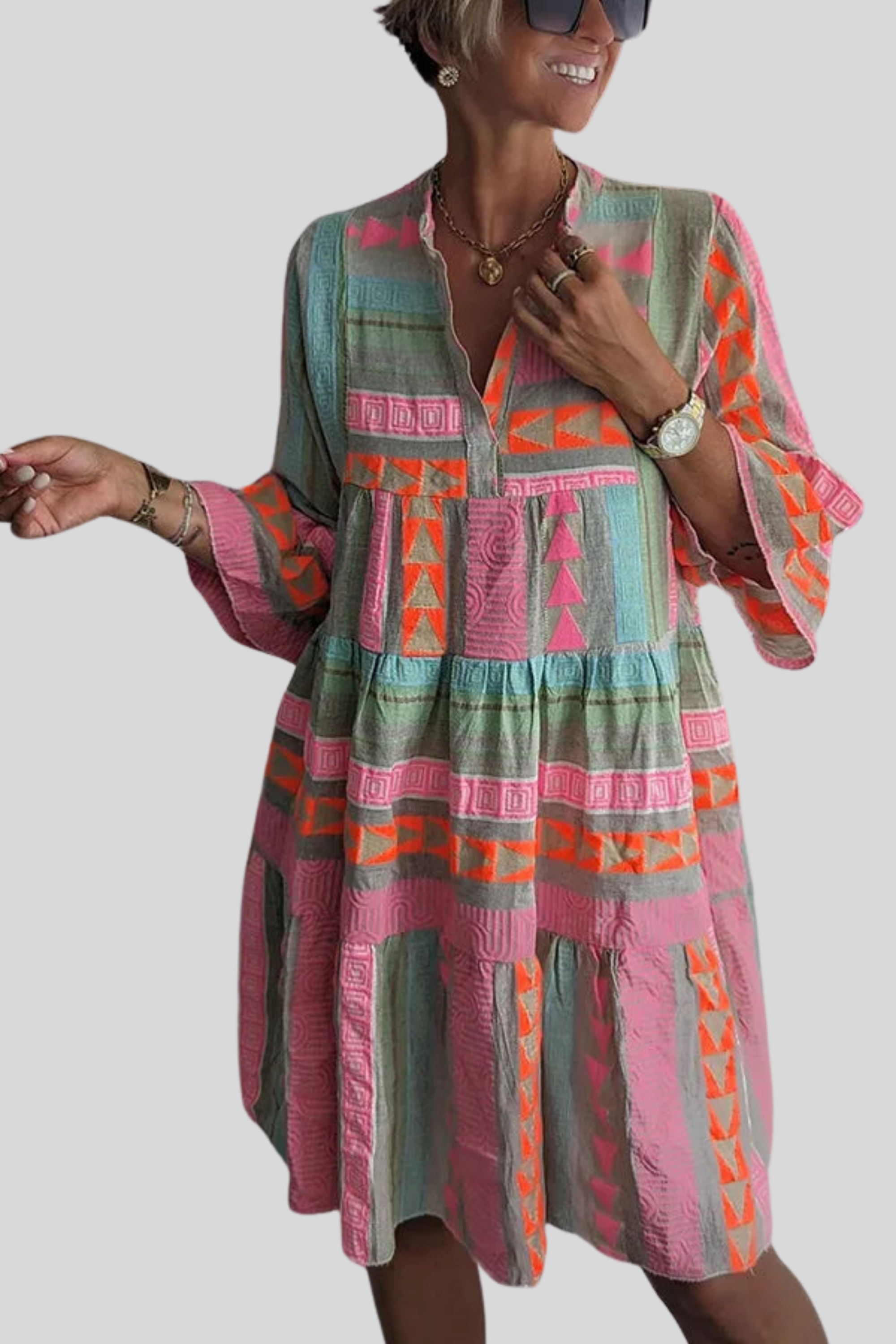 Rosa di Sole -Abito estivo chic in cotone e canapa con scollo a V