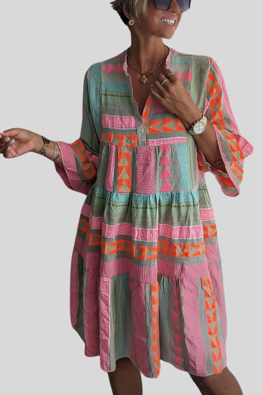 Rosa di Sole -Abito estivo chic in cotone e canapa con scollo a V