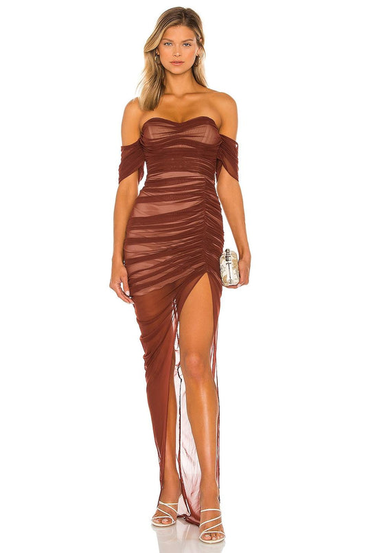 Valentina™| Abito midi con arricciatura sulle spalle in rete