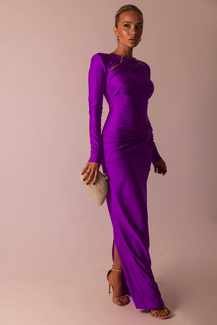 Long Sleeve Ruched Solid Maxi Dress