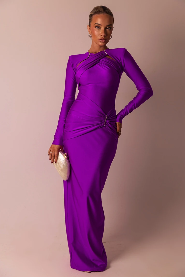 Long Sleeve Ruched Solid Maxi Dress