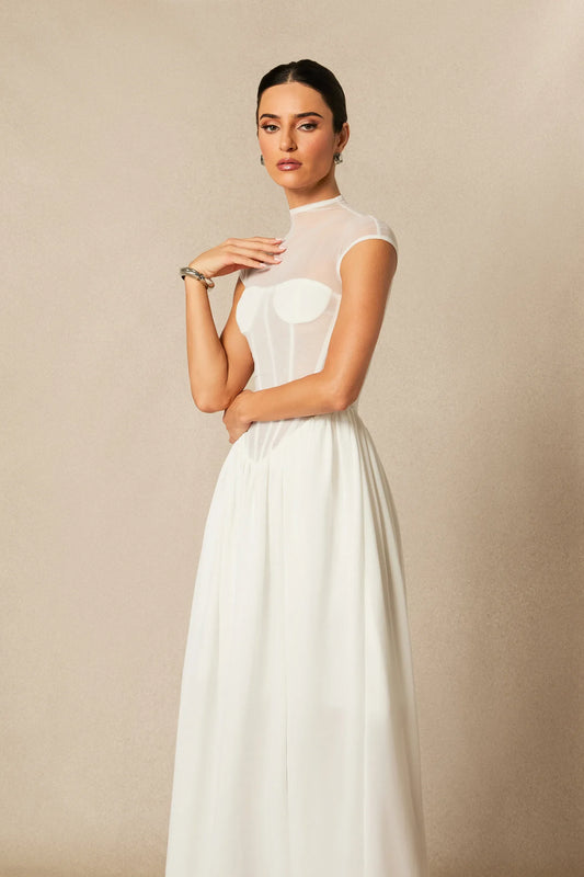 Alyssa - White Cap Sleeve Corset Maxi Dress
