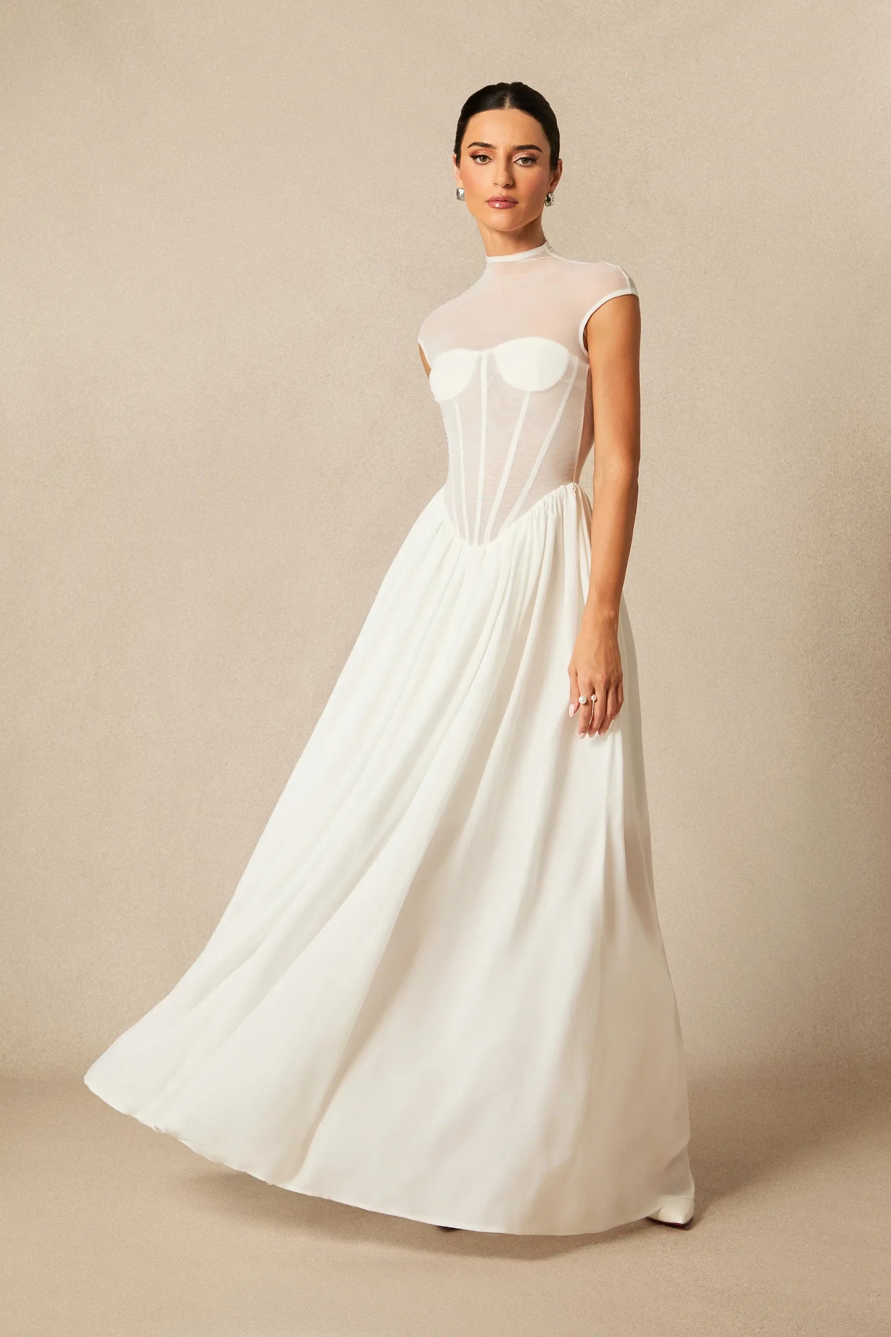 Alyssa - White Cap Sleeve Corset Maxi Dress