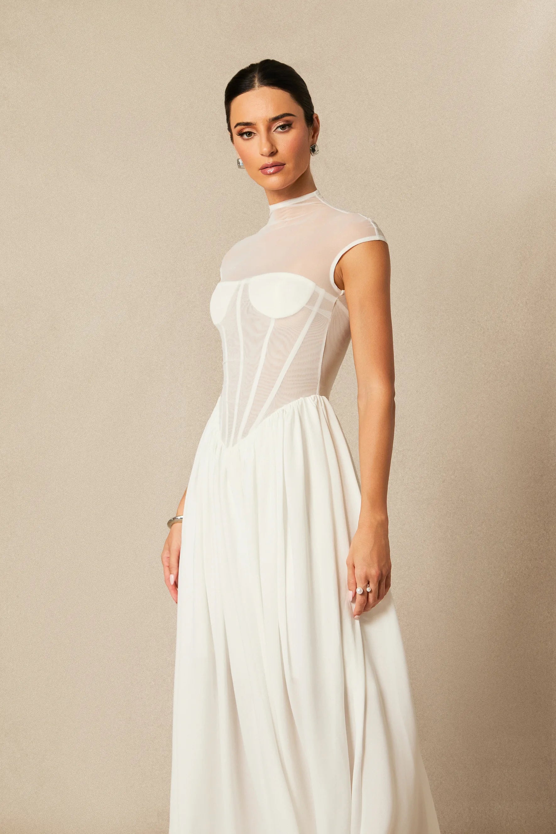 Alyssa - White Cap Sleeve Corset Maxi Dress