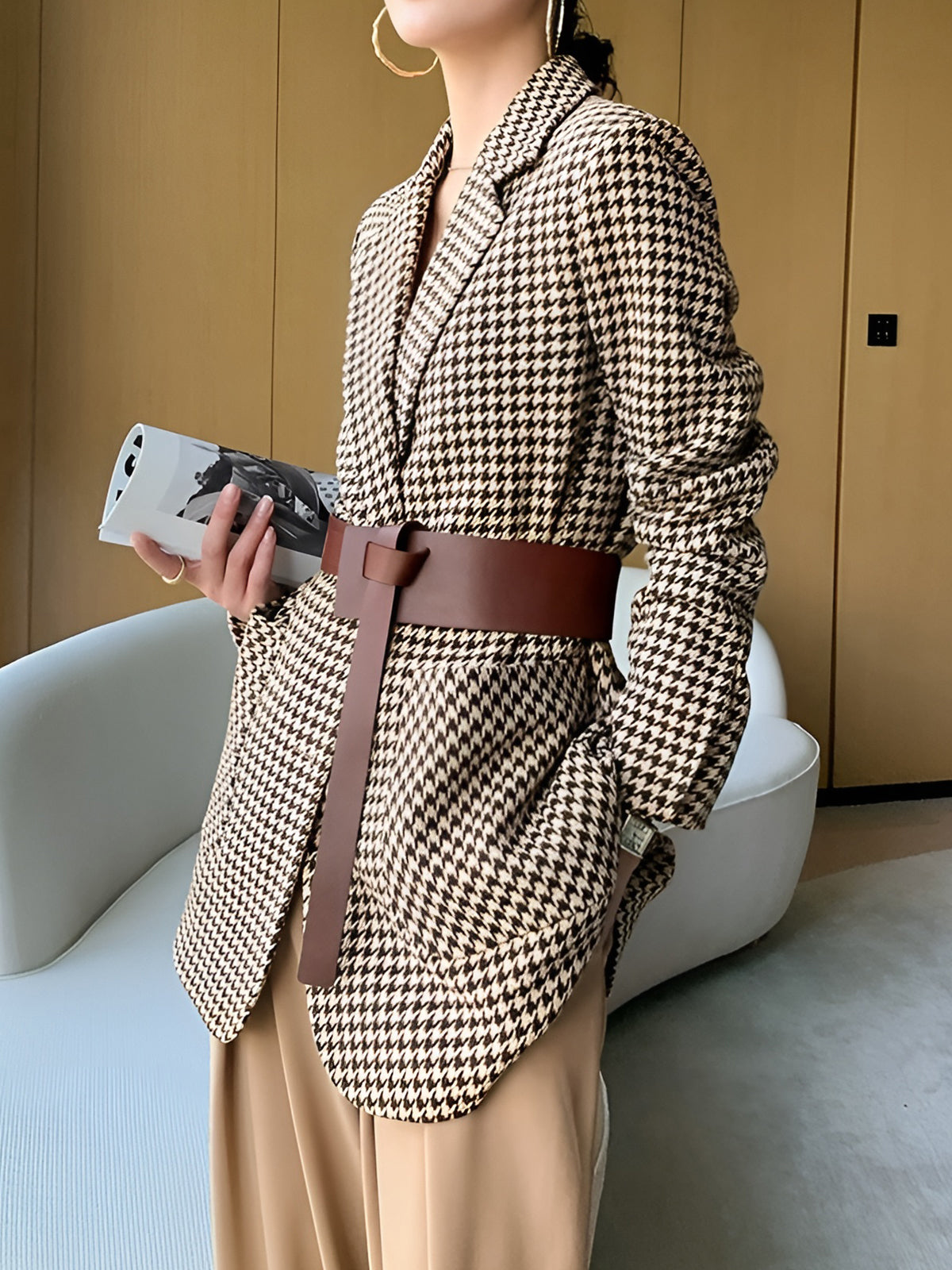 Blazer Iconico Pied de Poule con Cintura