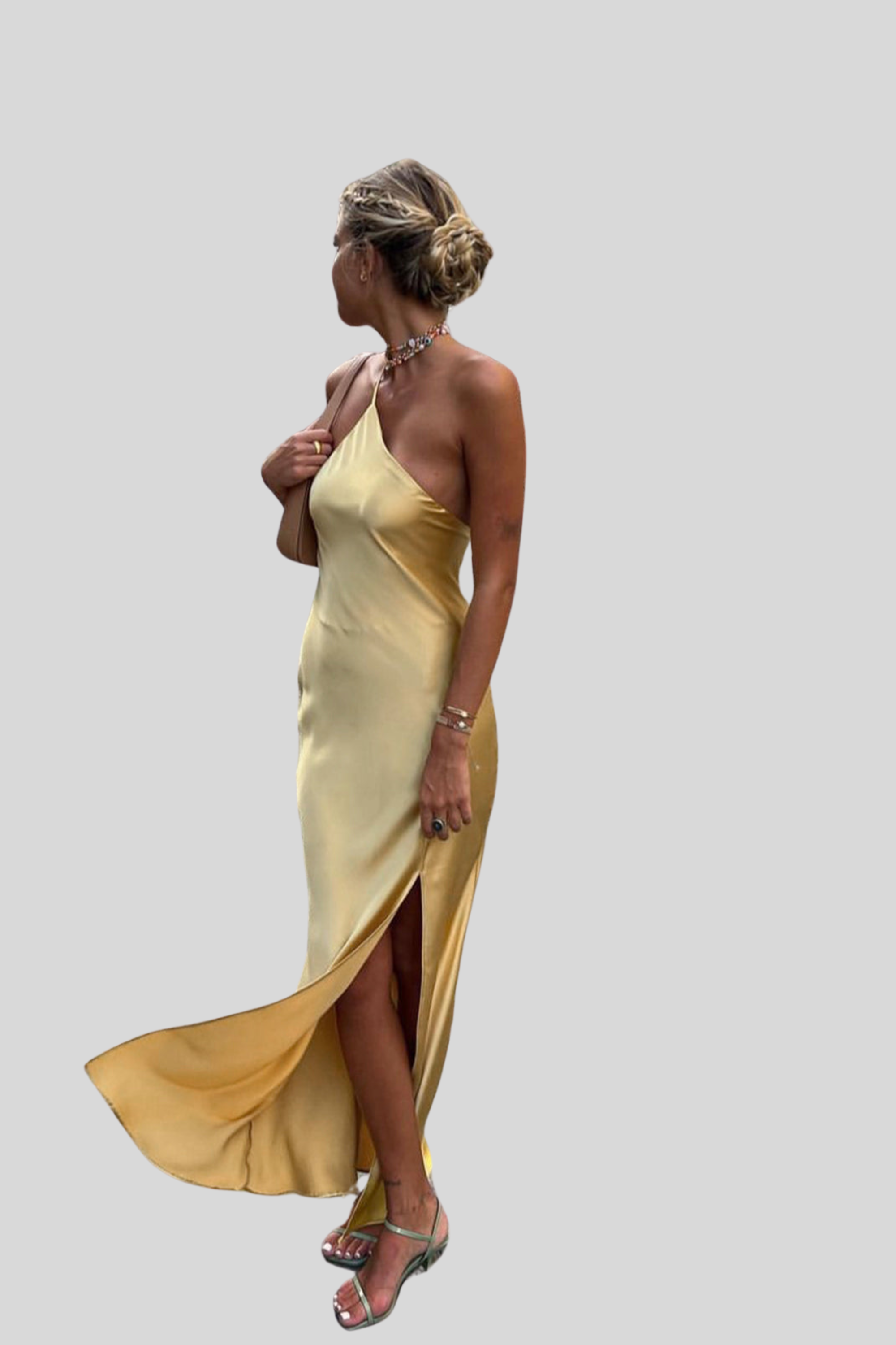 Solea - Maxi abito in raso con spacco, schiena scoperta