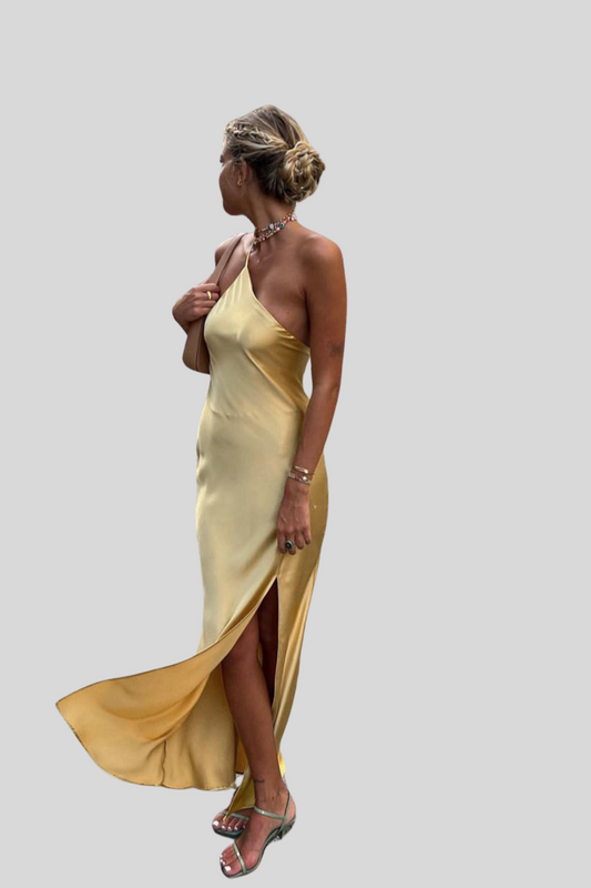 Solea - Maxi abito in raso con spacco, schiena scoperta