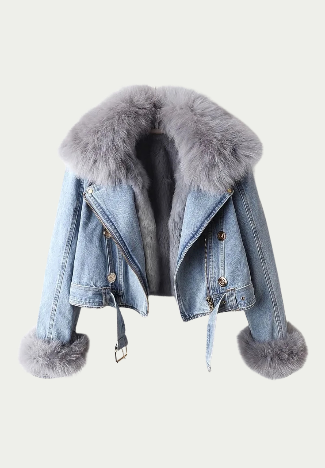 Valentina™| Giacca in denim con colletto in pelliccia di volpe