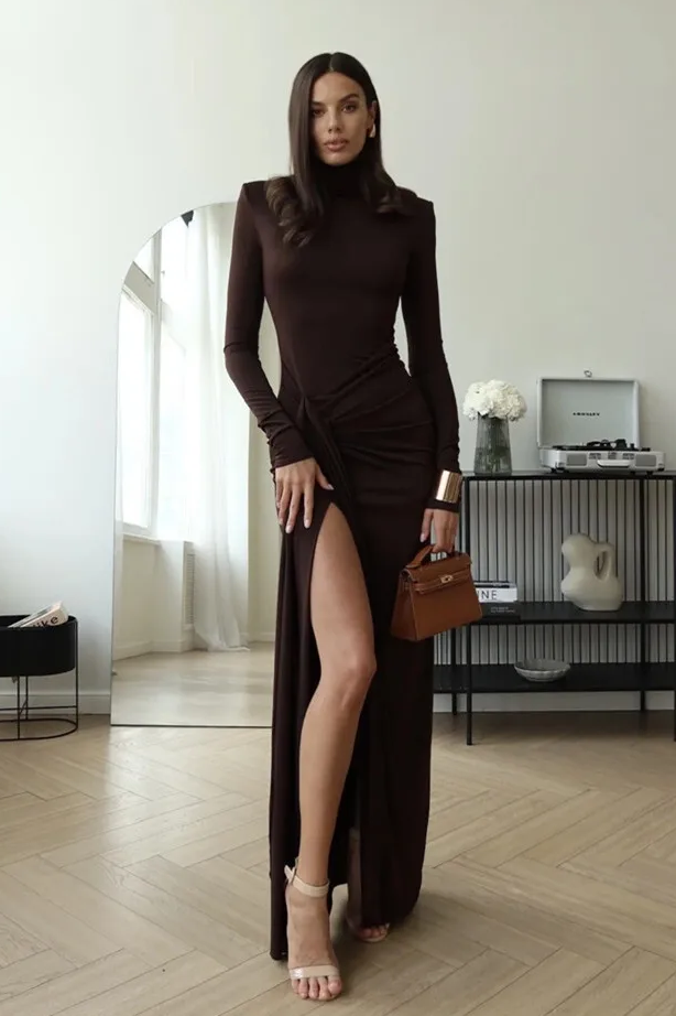 Solid High Neck Long Sleeve Maxi Dress