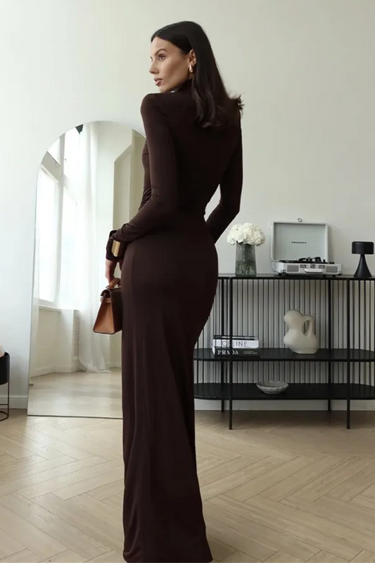 Solid High Neck Long Sleeve Maxi Dress