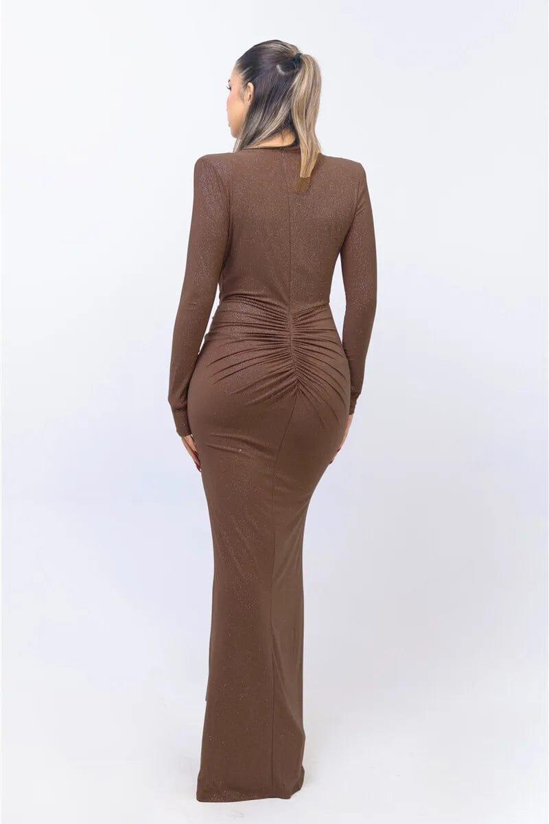 Valentina™| Maxi abito con scollo a V e maniche lunghe increspate