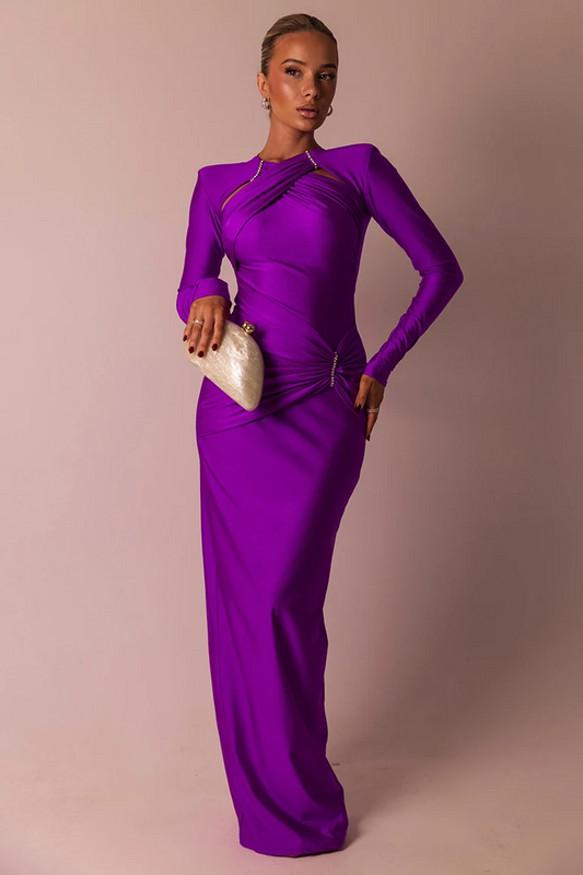 Long Sleeve Ruched Solid Maxi Dress
